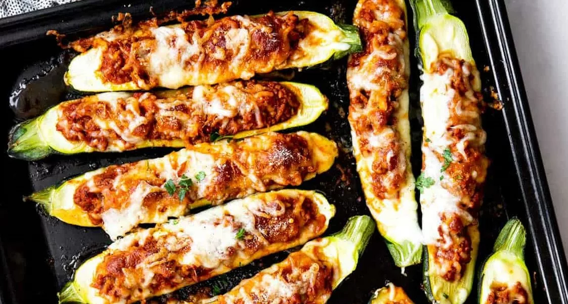 Zucchini Boats Filled with Ground Beef Tomato Sauce and Cheese jpg
